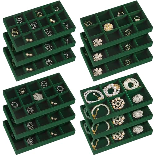 Junkin 12 Pcs Velvet Jewelry Organizer Tray, Stackable Storage - color: Green