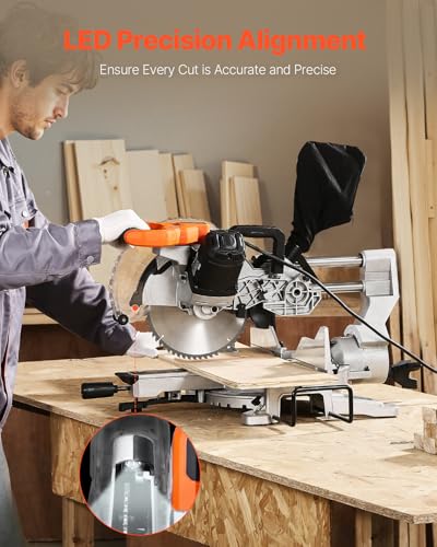 VEVOR 10" Double Bevel Sliding Compound Miter Saw, 15 Amp, 60-Tooth Blade, LED Precision Laser Alignment, Adjustable Angles, Ideal for Wood, Composite Decking & Laminate Materials - size: 10 in