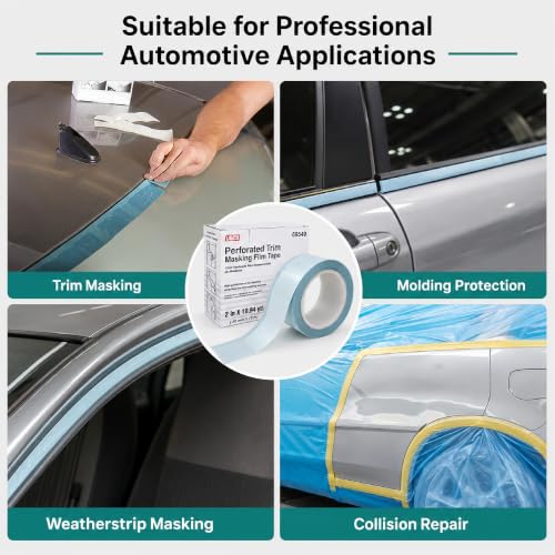 LAUCO Perforated Trim Masking Tape 69549, Molding Paint Protection, Trim Lifting Tape, Hand Tearing, 10 mm Hard Band, 50 mm x 10 m Auto Body Masking Film with High-Strength Backing 69549