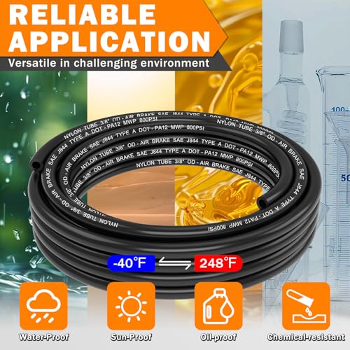 CheeMuii 20FT 3/8" DOT Air Line 3/8 Air Hose PA12 Nylon Pneumatic Tubing - color: Black, size: 3/8"OD-20FT