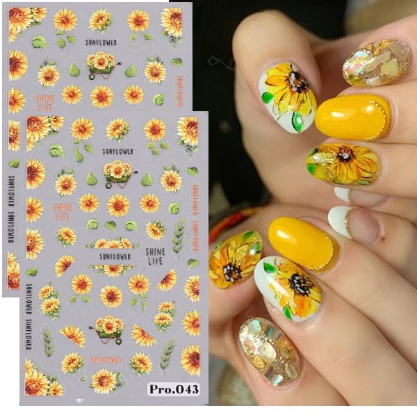 5 Sheets SunflowerNail Stickers for Nail Art, 5D Self-Adhesive Nail Decals - color: Sunflower