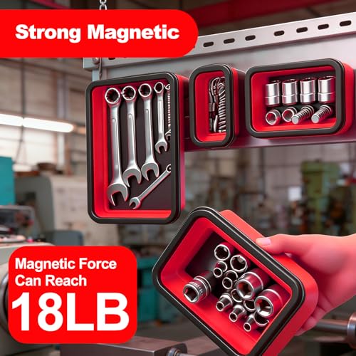 Collapsible Magnetic Parts Tray Set, 3 Different Sizes，Red - color: Red