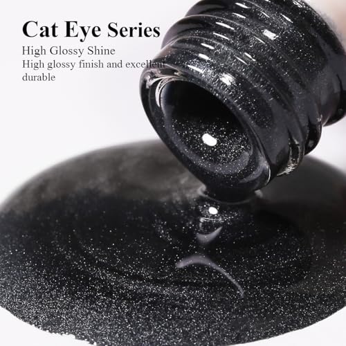 Black Cat Eye Gel Nail Polish with Magnet, Holographic Glitter Shimmer Magnetic UV Gel Polish for Nail Art Soak off UV Led - color: Cat Eye-Black