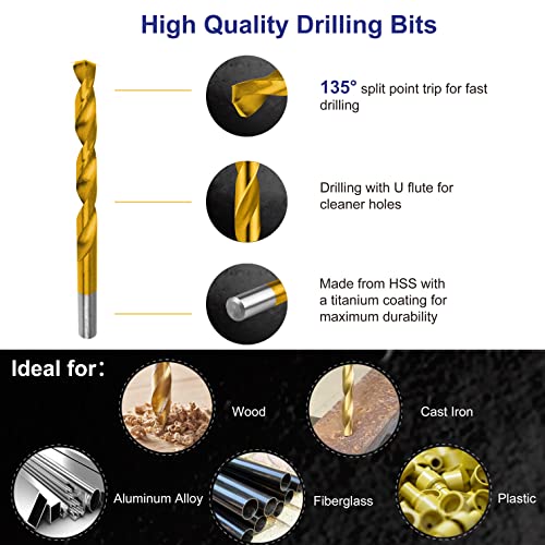 Metric 230 Pieces Titanium Twist Drill Bit Set, 135° Tip High Speed Steel, Size from 1mm up to 10mm, Ideal Drilling in Wood/Cast Iron/Aluminum Alloy/Plastic/Fiberglass, with Hard Storage - size: Metric 230 Pieces Drill Bit Set 135°