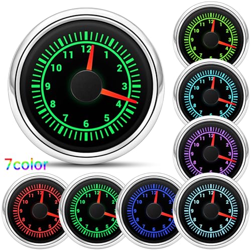 ARTILAURA 2" 52mm Clock Gauge 7 Color Waterproof 0-12 Hours Clock Meter Gauge for Car Boat (Black & Silver) - color: Black & Silver