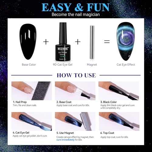 MIZHSE 9D Cat Eye Gel Nail Polish, Dual Colors Blue & Purple Magnetic Gel Polish with Magnet Stick, Magic Chameleon Galaxy Effect Holographic Glitter Silky Cat Eye Nail Polish Soak Off Nail Art Salon - color: 0-0-10Cat Eye Blue