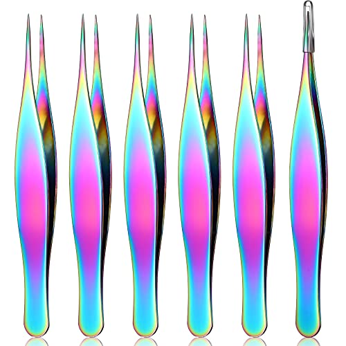 Honoson 6 Pieces Tweezers for Ingrown Hair Remover Pointed, Rainbow Color - color: Rainbow Color