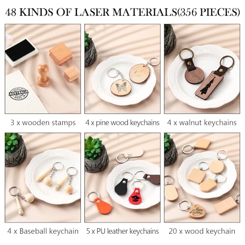 Tondiamo 356 Pcs Bulk Laser Engraving Supplies Blank Material Kit DIY Engraver Accessories Including Acrylic Glass Stainless Steel Wood Fabric PU Leather Rock Rubber Materials for Laser Cutters