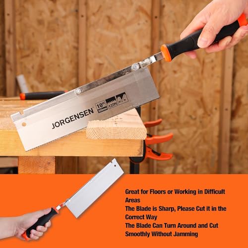 JORGENSEN 10" Dovetail Reversible Saw, Professional Cutting Jamb Saw, 13TPI Double Ground Teeth Flush Cut Saw Spring Loaded Design Cranked Soft Handle, Shorten Door Frame, Tile Installation and Prep