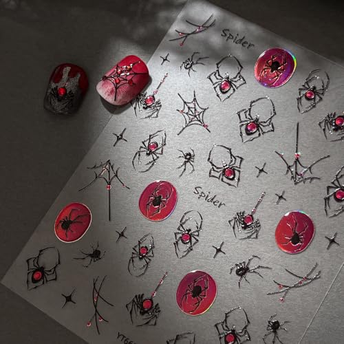 1 Sheet Halloween Nail Stickers for Nail Art 5D Gothic Spider Nail Art Stickers Goth Metal Spider Web Black Spider Nail Design Horror Halloween Nails Supplies for Women DIY Manicure Accessories - color: Gothic Spider