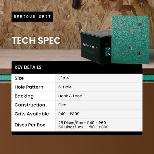 Serious Grit - 3" x 4" 6-Hole P150 Grit Sanding Sheets - 50 Pack Box - size: 150 Grit