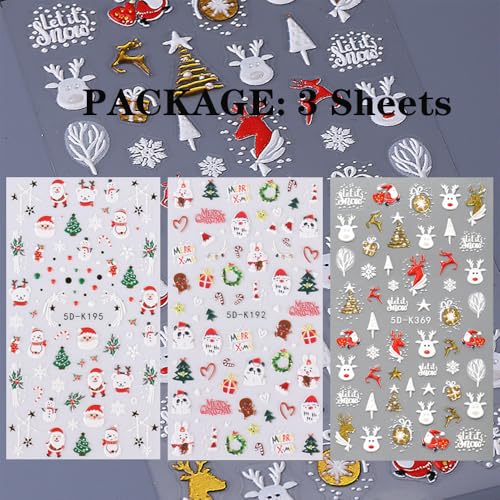 3 Sheets Christmas Nail Stickers for Nail Art, 5D Self-Adhesive Nail Decals - color: Christmas C