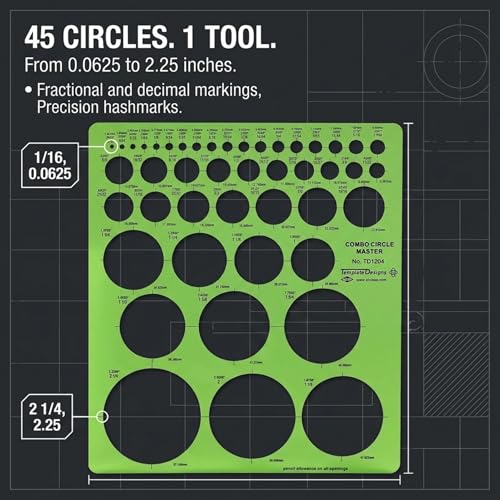 ALVIN TD1204 Circle Master Template, 45 Circles from 1/16 to 2-1/4 Inches, Drafting Stencil for Architects, Engineers, Artists and Students - style: TD1204: 45 Circles, 1/16 to 2-1/4 in