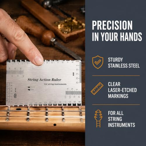 String Action Gauge Ruler, Precision Guitar String Height Measuring Tool for Electric, Acoustic & Bass Guitar, Professional Luthier Setup Ruler for String Action Adjustment
