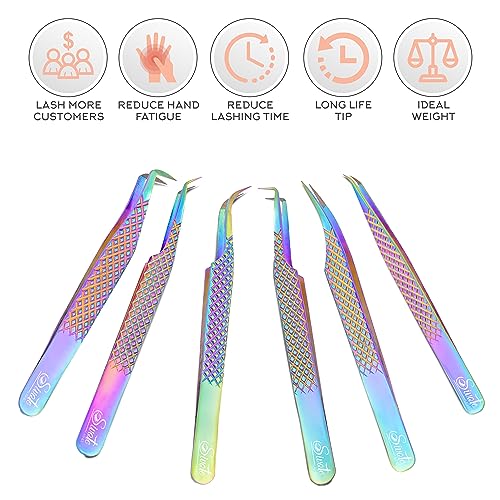 Eyelash Extension Tweezers Set of 6, Fiber Tips, Rainbow - color: Rainbow