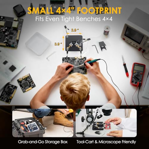 Helping Hands Soldering Station Holder with Iron Holder, Third Hand Tool with 4×4" Metal Non-slip Base, Storage Box and Adjustable Arms, Clamp Stand for Electronics, PCB Repair and DIY, Craft