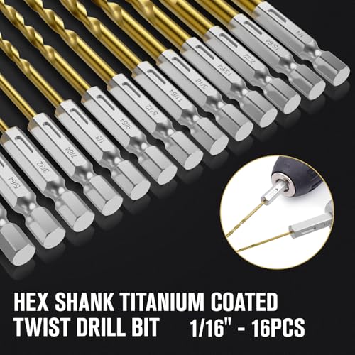16Pcs 1/16" Hex Shank Titanium Twist Drill Bit Set - size: 1/16" - 16pcs HSS