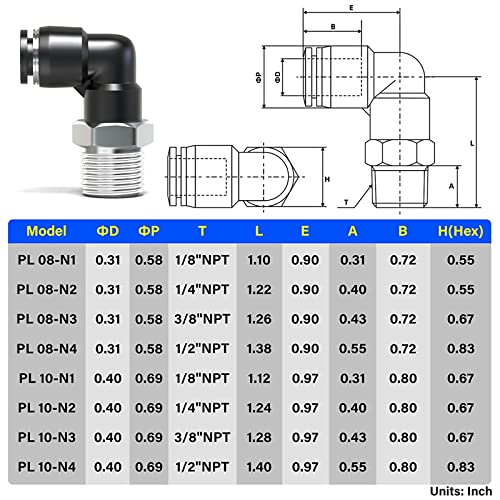 TAILONZ 10mm x 1/2" NPT Push to Connect Elbow Fitting 10Pcs - size: 0.394" OD 1/2" MNPT
