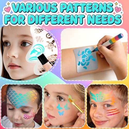 39PCS Face Paint Stencils Kit Includes 15 Reusable Facial Painting Stencils, 8 Sheets Tattoo Stencil Stickers, 10 Brushes, 2 Pack Adhesive Gems, 4 Sponge for Halloween Birthday Carnival Party Makeup - color: Party