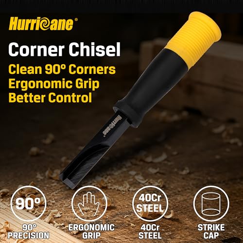 HURRICANE 12mm Corner Chisel, 90° Square Mortise Chisel for Door Hinges, Strike Plates & General Woodworking, Right Angle Wood Chisel with Metal Strike Cap & Ergonomic Grip - size: 12mm