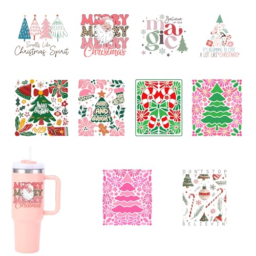 10pcs Merry Christmas Magic UV DTF Transfer Decals for Glass Cup Rub on Pine Tree UVDTF Cup Wraps for Ceramic Mugs Merry Bright Decoration Applique - style: CD23