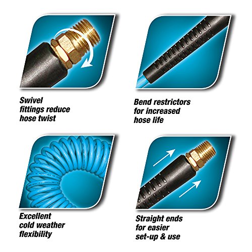 25 Feet Polyurethane Coiled Air Compressor Hose, 1/4 Inch MNPT Brass Swivel Air Fittings with Bend Restrictor
