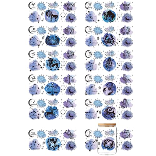 12 Sheets UV DTF Cup Wrap Transfer Stickers, Star Sign Rub on Decals Scorpio Leo Virgo UV DTF Cup Wraps Zodiac Sign Waterproof Personalized Stickers for Bottles Drink Jam Container - style: Star Signs