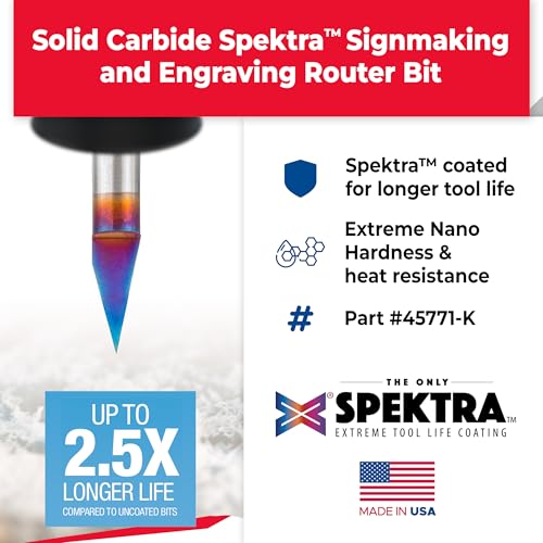 Amana Tool Spektra Extreme Tool Life Coated Solid Carbide Signmaking and Engraving Router Bit, 45771-K, 30 Degree Engraving, 0.005 Tip Width x 1/4 Shank x 2-1/4 Inch Long - size: 45771-K