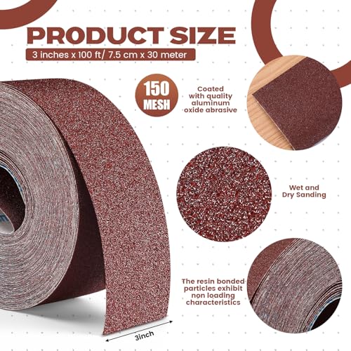 150 Grit Sandpaper Roll for Drum Sander, 3"x100 ft Emery Sand Paper - size: 150 Grit