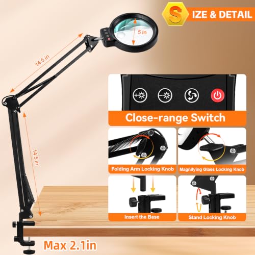 12X 30X Large Magnifying Glass with Light and Clamp,Stand Lighted Magnifier