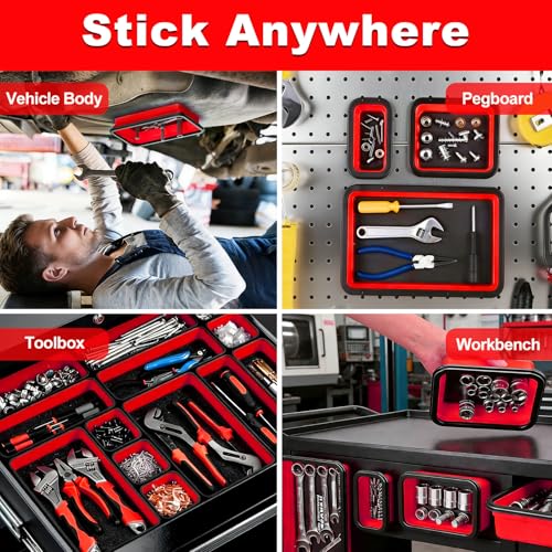 Collapsible Magnetic Parts Tray Set, 3 Different Sizes，Red - color: Red