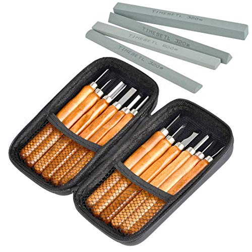 TIMESETL 17Pack Small Wood Carving Set, 12pcs Wood Carving Tools SK2 Carbon Steel + 4pcs Whetstone + 1pcs Storage Case for Beginners DIY Woodworking Sculpting Whittling with Safety Cap