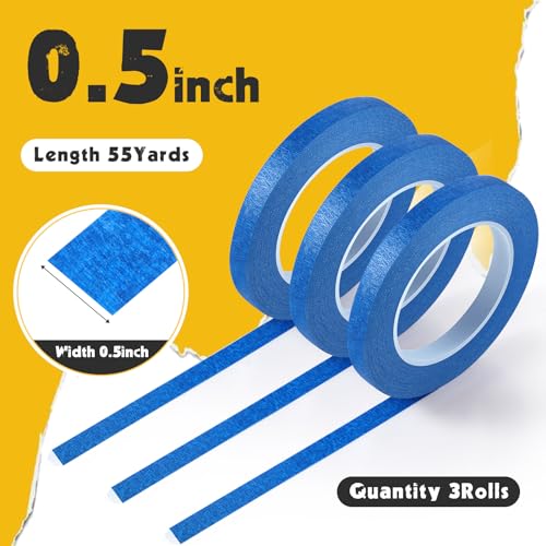 Chuangdi 1/2 Inch Width x 55 Yards Blue Painter's Drafting Tape Multi Use Masking Scrapbooking Tape (3 Rolls), 12 mm