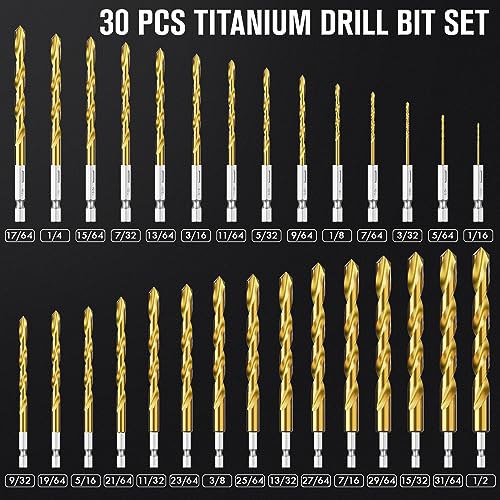 30Pcs(1/16" - 1/2") Hex Shank Titanium Twist Drill Bit Set - size: 1/16" - 1/2" - 30pcs HSS