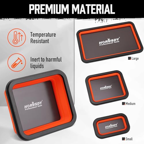 HORUSDY 3-Piece Magnetic Parts Tray Set, Tool Trays for Storage Organizer Screw, Bolts, Washers, Nuts and Small Tools. Tool Gifts for Men, Orange and Black - color: 3-piece Magnetic Tray - Collapsible Red