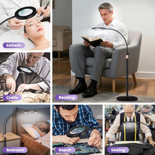 4-in-1 Magnifying Glass with Light and Stand, 3-Color Stepless Dimmable LED Magnifying Floor Lamp, 24" Gooseneck Swing Arm Lighted Magnifier with Clamp for Reading Craft (12X Black) - color: Black