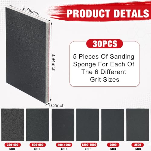 30 Pcs 320-2500 Grit Sanding Sponge, Ultra Fine Sanding Sponges Pads, Soft Foam Shine Block Wet Dry Polish Pads, Ultra Fine Grit Sandpaper for Model Drywall Metal Wood Furniture Polishing - style: 320-2500 Grit