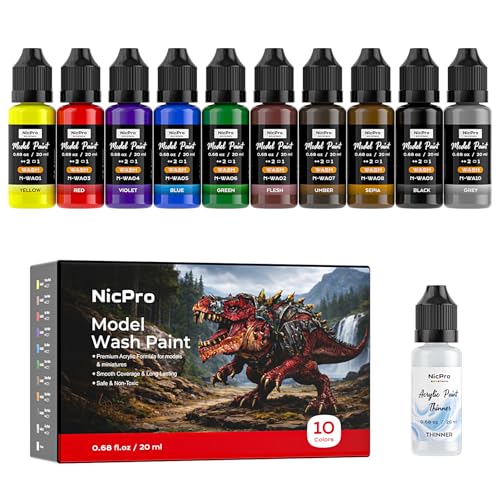 Nicpro 10 Colors Acrylic Model Wash Paint Set, 20ml Ready to Use Washes - style: Wash Color
