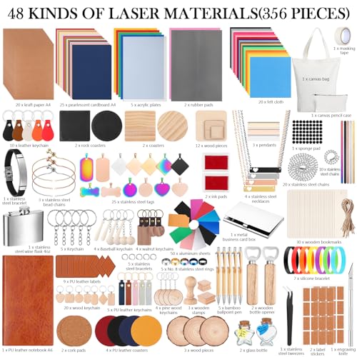 Tondiamo 356 Pcs Bulk Laser Engraving Supplies Blank Material Kit DIY Engraver Accessories Including Acrylic Glass Stainless Steel Wood Fabric PU Leather Rock Rubber Materials for Laser Cutters