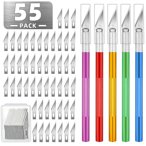 55 Pack Exacto Knife, Hobby Knife Set with 5 Craft Knives and 50 Precision Knife Blades(#11) for Art,Scrapbooking,Carving, DIY, Cutting, Stenciling by EGYPAMID