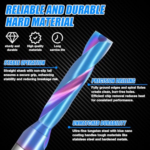 3/16" Solid Carbide Drill Bits, 2Pcs Carbide Drill Bit Set with Blue Nano Coating, Metal Drill Bit Set for Hardened Steel Cast Iron Alloy Copper, High Precision CNC Drilling Tool Preferred Choice - size: 3/16 in