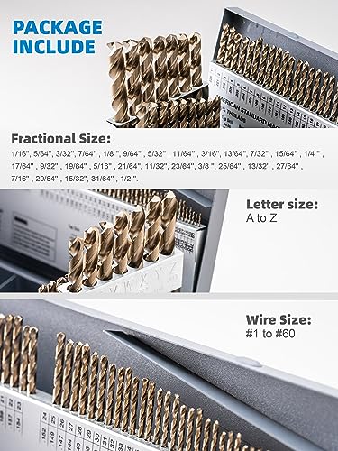 HIGHFIRE 115 PCS All M35 HSS Cobalt Drill Bit Set, Twist Jobber Drill Bits Set, 135-Degree Split Point, Fractional 1/16"-1/2", Letter A - Z, Wire #1 - #60 with Metal Indexed Storage Case - size: 1/16-1/2 in A-Z #1-#60 (115 pcs)