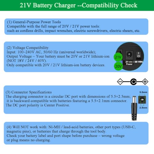 21V Lithium Battery Charger, for 20V 21V Power Tools - Compatible with Leaf Blower, Mini Chainsaw, Hand Drills, Electric Wrenches, Screwdrivers - Fast Charging & Overload Protection.