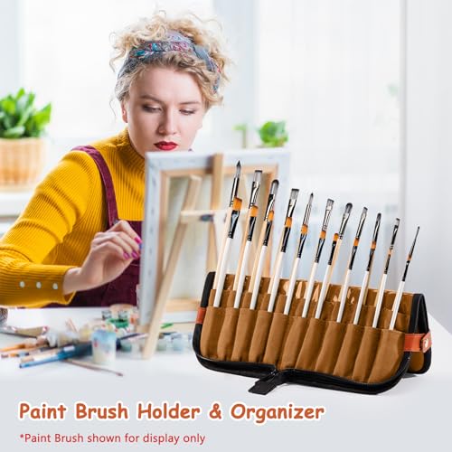 Stand Up Paint Brush Holder Case, 22-Slot Paintbrush Storage Bag Pop-Up - color: Caramel Brown, size: Medium 6*11"