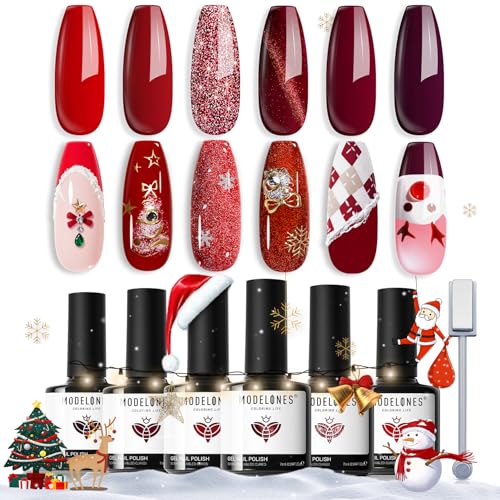 modelones Red Gel Nail Polish Set 6PCS Christmas Giltter Cat Eye W Magnet - color: A A A2 Ruby Sparks