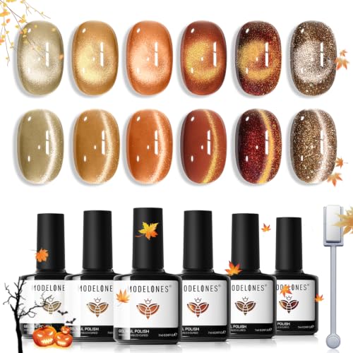 modelones Fall Cat Eye Gel Nail Polish Set Yellow Gold Orange Brown Nude - color: A A A0 Fall Cozy Cat Eye