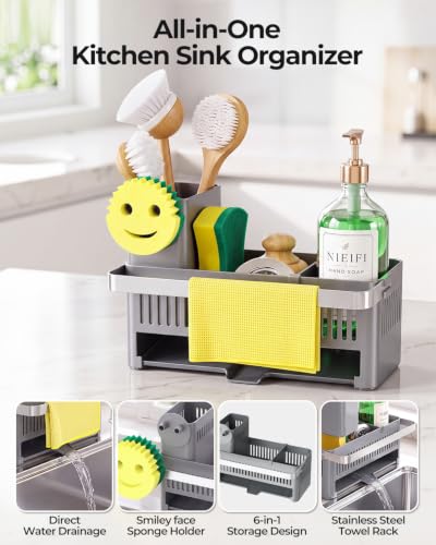Nieifi Sponge Holder, Grey Rustproof ABS Sink Caddy with Towel Rack - color: Gray