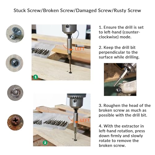 NordWolf 10-Piece M35 Cobalt Stubby Left Hand Drill Bit & Screw Extractor Set, Sizes 5/64" 7/64" 5/32" 1/4" 19/64" Reverse Twist with 1/4" Hex Shank - size: 5/64" to 19/64" (10 Pcs)
