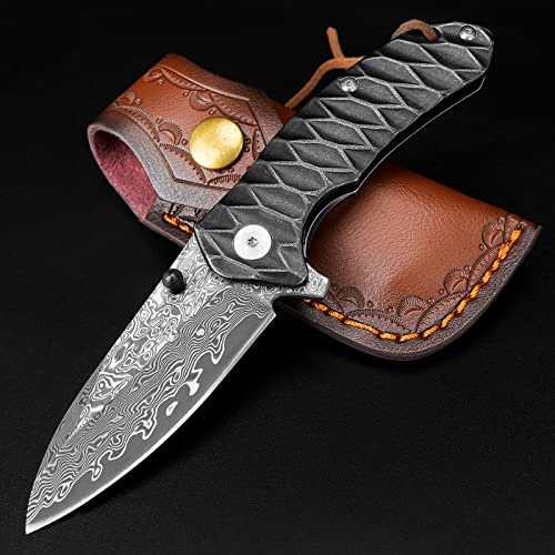 AUBEY Damascus Pocket Knife for Men, Forged 2.95" Damascus Steel Blade DMHY