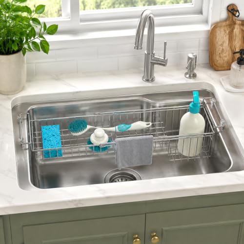 Over The Kitchen Sink Caddy Sponge Holder Organizer Drying Rack Expandable for Sponge Brush Soap Dish Cloth Rag Smaller 14.5" to 22", Stainless Steel - size: 14.5" to 22"